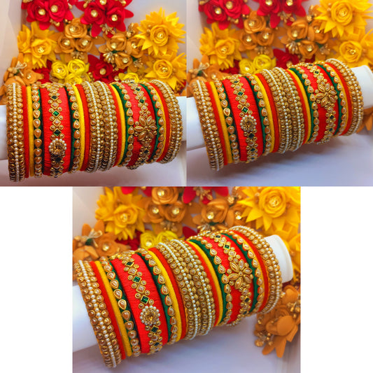 18Pcs Red, Green, Yellow and Golden Color Silk Threaded Bangles with Glossy Kundan Stones