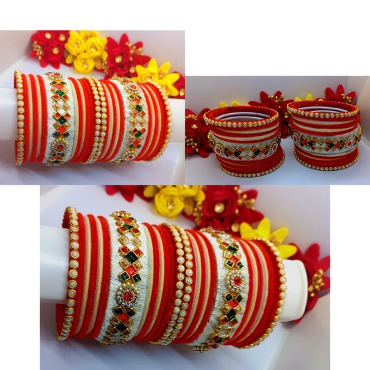 26Pcs Red, White and Green Color Silk Threaded Bangles with Glossy Kundan Stones