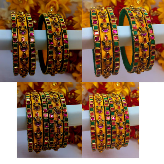 6Pcs Yellow, Green and Pink Color Silk Threaded Bangles with Glossy Kundan Stones