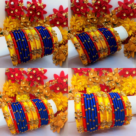 16Pcs Yellow, Red and Navy Blue Silk Threaded Bangles with Matte and Glossy Kundan Stones