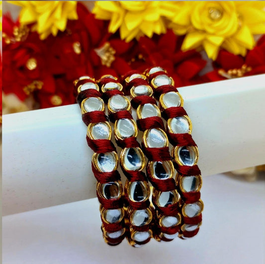 4Pcs Maroon Kada Silk Threaded Bangles with Glossy Kundan Stones