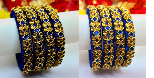 4Pcs Navy Blue Kada Silk Threaded Bangles with Glossy Kundan Stones