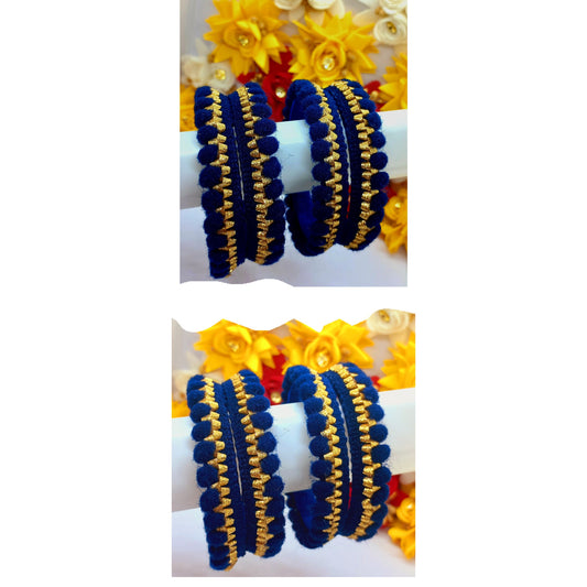 4Pcs Navy Blue and Gold Color Lace Silk Threaded Bangles