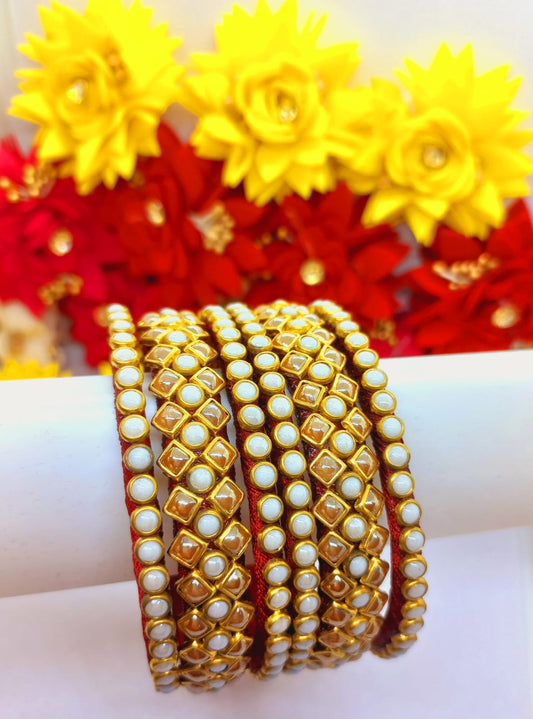 6Pcs White and Gold Silk Threaded Bangles with Matte and Glossy Kundan Stones