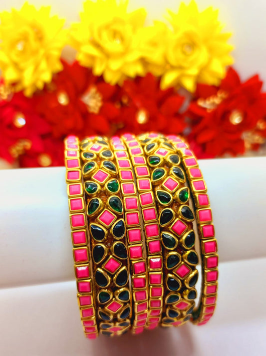 6Pcs Green and Pink Silk Threaded Bangles with Matte and Glossy Kundan Stones
