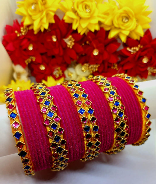 6Pcs Pink and Navy Blue Silk Threaded Bangles with Glossy Kundan Stones + 20 Pink Plain Bangles