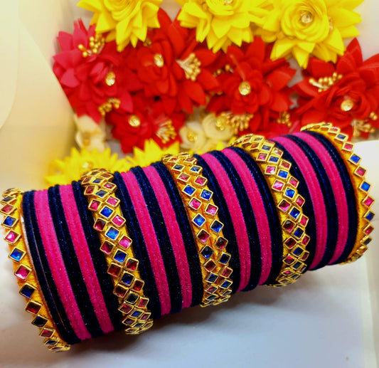 6Pcs Pink and Navy Blue Threaded Bangles with Matte and Glossy Kundan Stones + 16 Plain Pink + 24 Plain Navy Blue Bangles