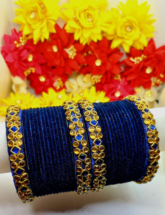 4Pcs Navy Blue Kada Silk Threaded Bangles with Glossy Kundan Stones + 20 Plain Navy Blue Bangles