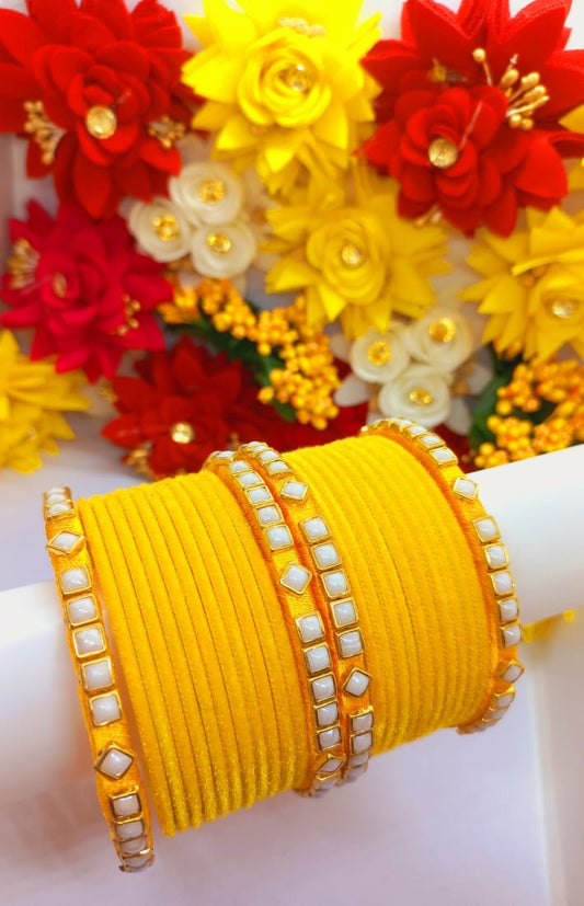 4Pcs Yellow and White Kundan Kada Silk Threaded + 20 plain Yellow Bangles with Glossy Kundan Stones