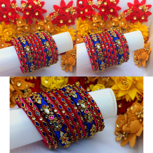 10Pcs Pink and Blue Silk Threaded Bangles with Matte and Glossy Kundan Stones