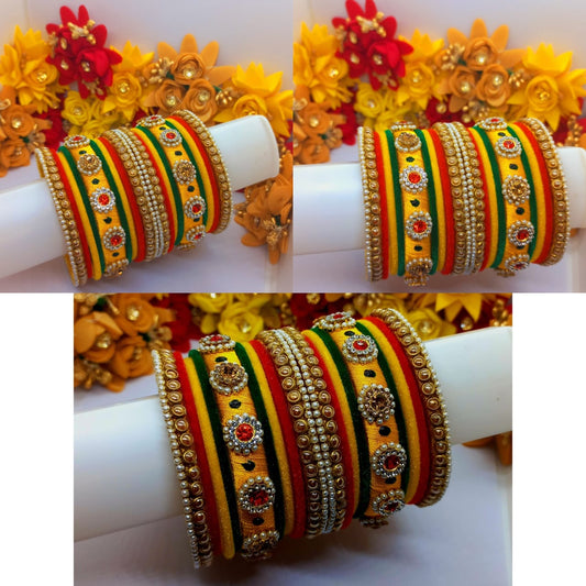 18Pcs Yellow, Green, Red and Gold Color Silk Threaded Bangles with Glossy Kundan Stones